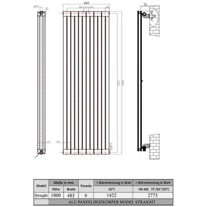Aluminium Paneelheizkörper STRAIGHT 1800X483 Weiß Seitenanschluss Aluminium Paneelheizkörper STRAIGHT 1800X483 Weiß Seitenanschluss