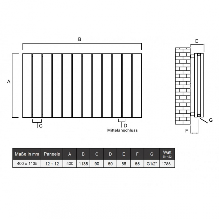 Aluminium Paneelheizkörper CLAUDIO 400X1135 Anthrazit Mittelanschluss Aluminium Paneelheizkörper CLAUDIO 400X1135 Anthrazit Mittelanschluss