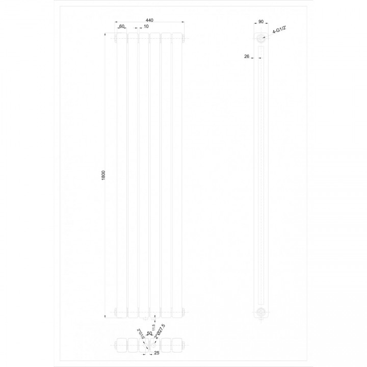 Vertikal 1800x440 Doppellagig Wandheizkörper Weiß