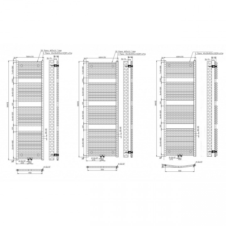 1800x600 mm 25mm Profil Weiß Gerade Badheizkörper Mittelanschluss 1800x600 mm 25mm Profil Weiß Gerade Badheizkörper Mittelanschluss