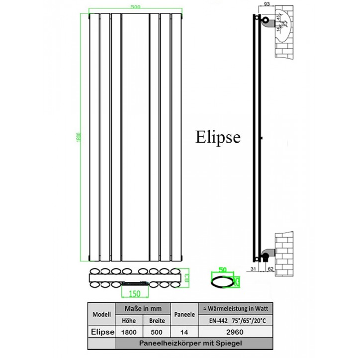Design Spiegel Doppellagig Badheizkörper Weiß Mittelanschluss 1800x553x95 Design Spiegel Doppellagig Badheizkörper Weiß Mittelanschluss 1800x553x95