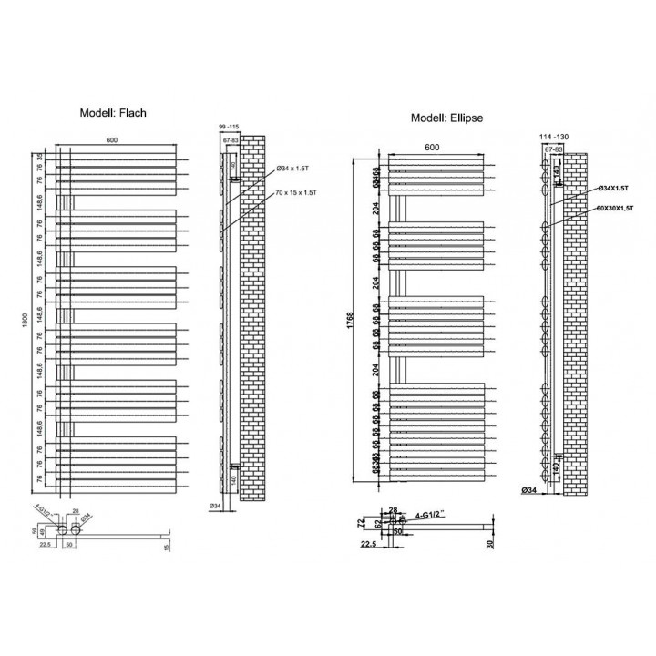 Flach Design Badheizkörper Handtuchwärmer Mittelanschluss Anthrazit 1576x600mm Flach Design Badheizkörper Handtuchwärmer Mittelanschluss Anthrazit 1576x600mm