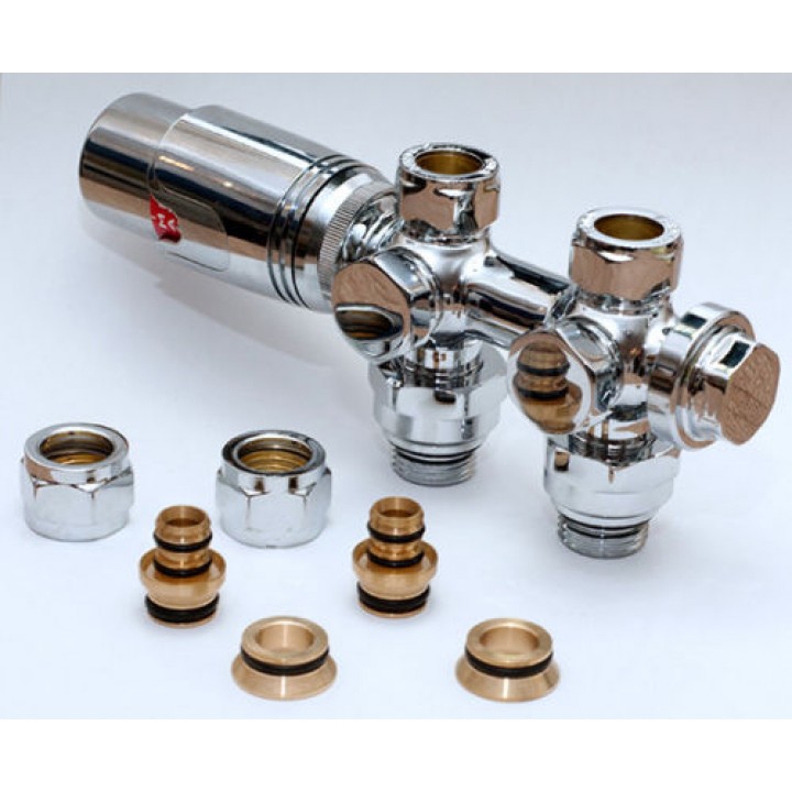 Heizkörper Universal Armatur Set Für Chrom Mittelanschluss 50 mm Durchgang Eck Multiblock