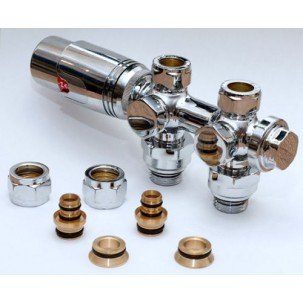 Heizkörper Universal Armatur Set Für Chrom Mittelanschluss 50 mm Durchgang Eck Multiblock