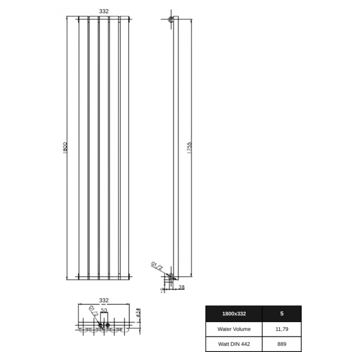 1800 x 332 mm Doppellagig Mittelanschluss Weiß Paneelheizkörper NEU Ellipse Design
