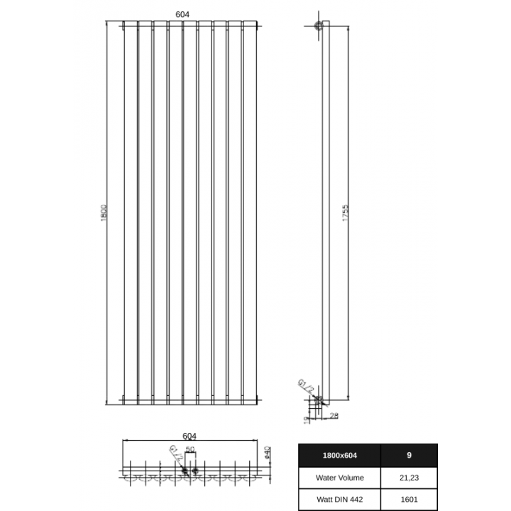 1800 x 604 mm Einlagig Seitenanschluss Anthrazit (RAL 7016) Paneelheizkörper NEU Ellipse Design