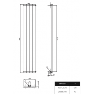 1800 x 264 mm Einlagig Mittelanschluss Paneelheizkörper NEU Ellipse Design