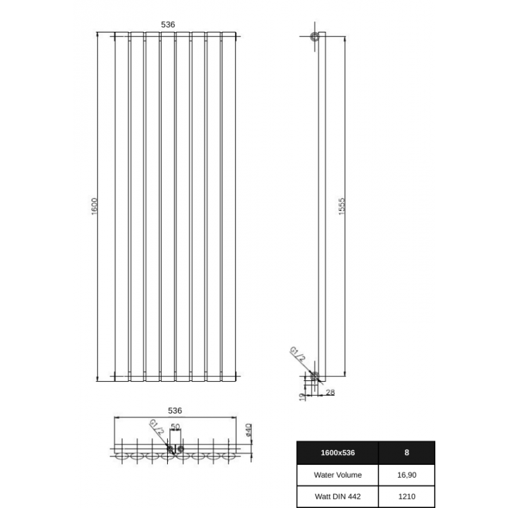1600 x 536 mm Einlagig Mittelanschluss Paneelheizkörper NEU Ellipse Design