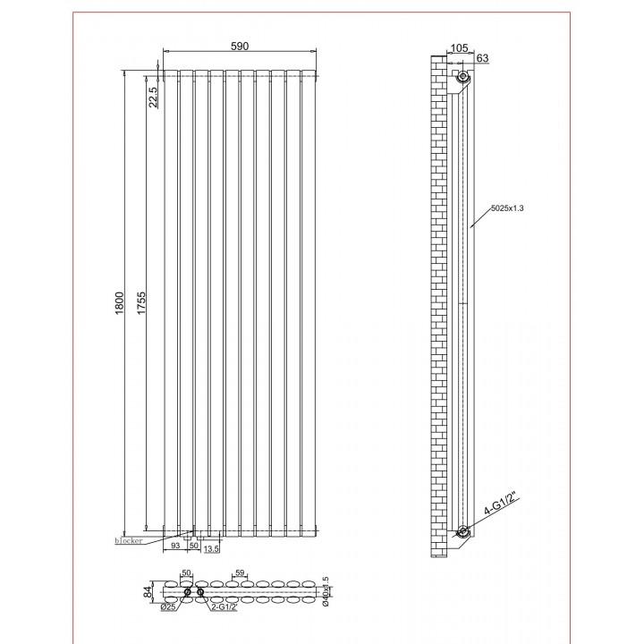 1800 x 590 Ellipse Doppellagig Weiss Versetzte Mittel Anschluss Paneelheizkörper