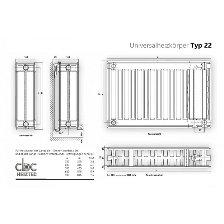Universalheizkörper Typ22 Kompakt Ventilheizkörper 6 Anschlüsse + Zubehör Universalheizkörper Typ22 Kompakt Ventilheizkörper 6 Anschlüsse + Zubehör