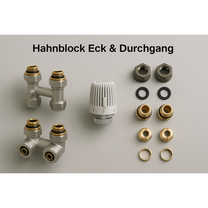 Hahnblock Set Durchgang Heizkörper Thermostatkopf Zweirohr Ventil Eurokonus 1/2 16mm