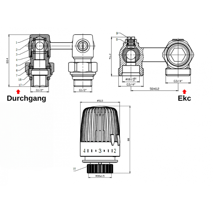 Hahnblock Set Durchgang Heizkörper Thermostatkopf Zweirohr Ventil Eurokonus 1/2 16mm