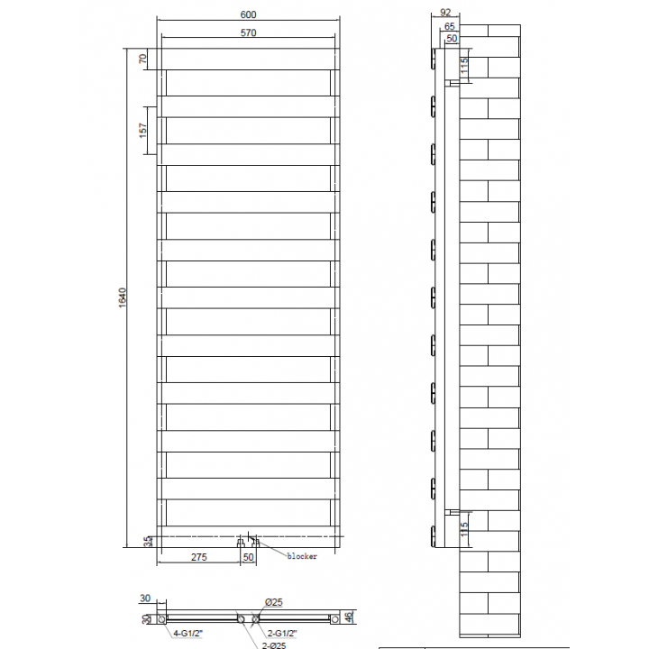 Desing Alumiminium Vertikal Paneelheizkörper Mittelanschluss Weiß 1640x600