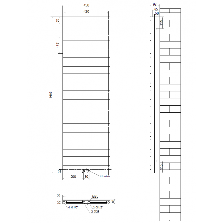 Desing Alumiminium Vertikal Paneelheizkörper Mittelanschluss Weiß 1483x450