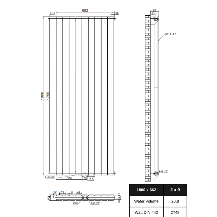 Design Flach Paneelheizkörper Doppellagig Mittelanschluss 1800x662 Weiß
