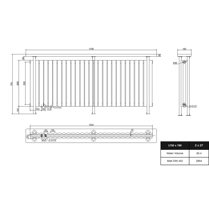 Trennwand Heizwand mit Ablage Paneelheizkörper Holzablage Standfuss Mittelanchluss 1700x780 mm Antrazit