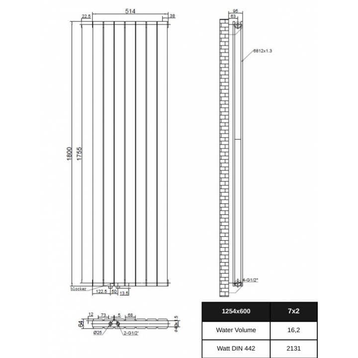 Design Heizkörper Flachheizkörper Badheizkörper Seitenanschluss 1800 x 514 mm Anthrazit
