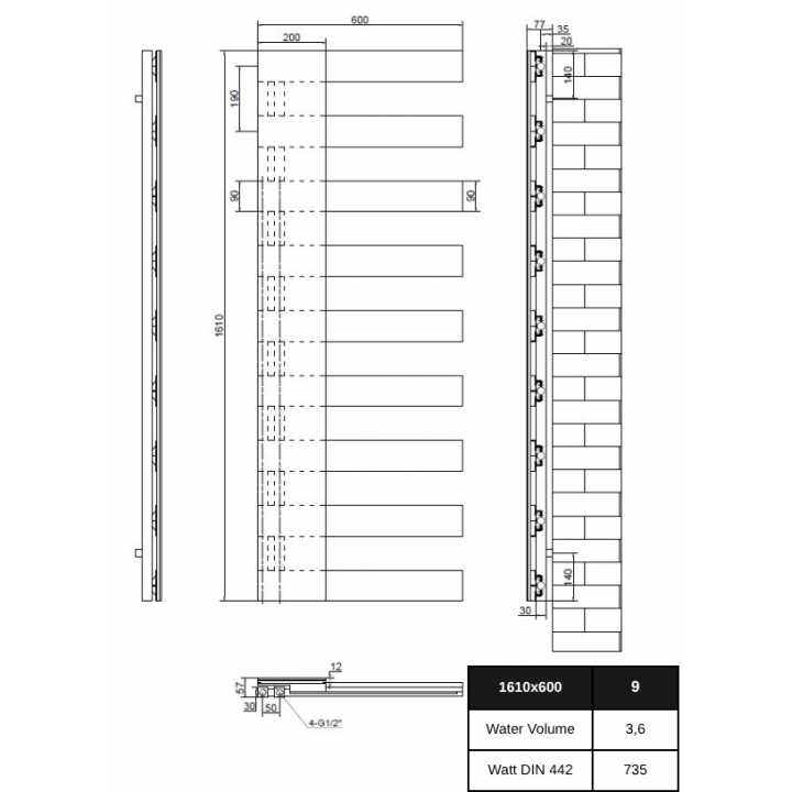 Vertikal Handtuchwärmer mit Spiegel Einlagig Mittelanschluss Anthrazit 1610x600 mm Badheizkörper