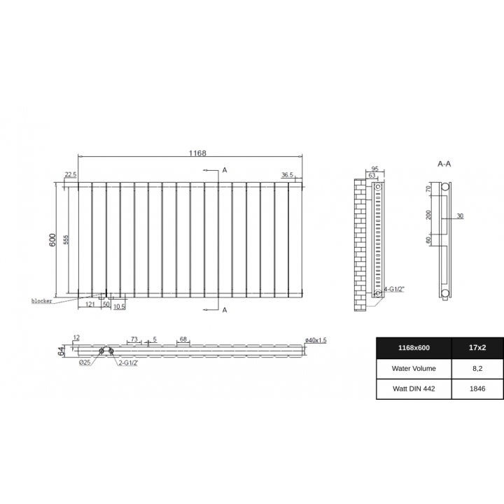 Wonder 1168x600 Flach Doppellagig Horizontal Wandheizkörper Mittelanschluss Paneelheizkörper Anthrazit