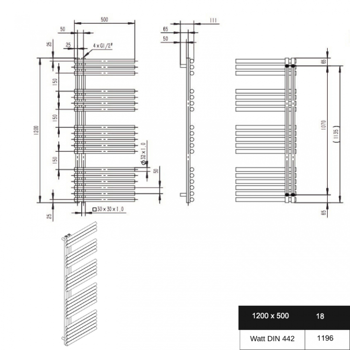 1200x500 Edelstahl Badheizkörper Design Heizkörper Chrom Handtuchwärmer Mittelanschluss