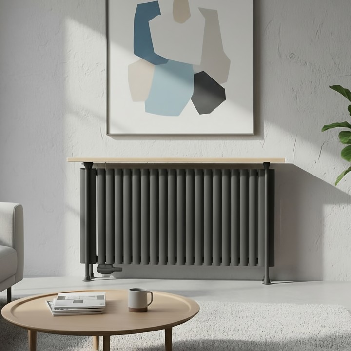 Trennwand Heizwand mit Ablage Paneelheizkörper Holzablage Standfuß Mittelanchluß Anthrazit