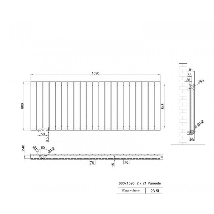 600x1590 Design Flach Heizkörper Paneelheizkörper Horizontal Badheizkörper Doppellagig Anthrazit